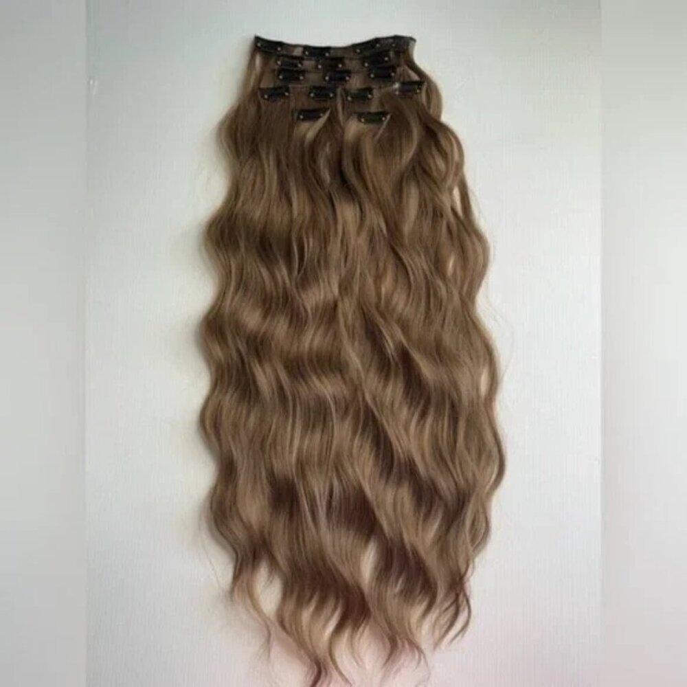 Ash light Brown Clip in 22 in Hair Extensions in Water Wave Human hair blend
